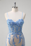 Blue Mermaid Corset Spaghetti Straps Long Formal Dress With Sequins