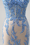 Blue Mermaid Corset Spaghetti Straps Long Formal Dress With Sequins