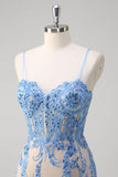 Blue Mermaid Corset Spaghetti Straps Long Formal Dress With Sequins