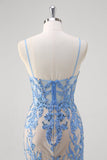 Blue Mermaid Corset Spaghetti Straps Long Formal Dress With Sequins