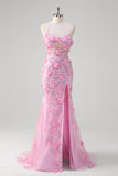 Pink Mermaid Spaghetti Straps Sequin Formal Dress With 3D Flowers