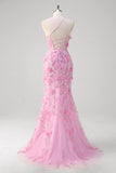 Pink Mermaid Spaghetti Straps Sequin Formal Dress With 3D Flowers