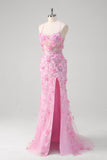 Pink Mermaid Spaghetti Straps Sequin Formal Dress With 3D Flowers