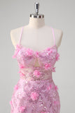 Pink Mermaid Spaghetti Straps Sequin Formal Dress With 3D Flowers