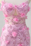 Pink Mermaid Spaghetti Straps Sequin Formal Dress With 3D Flowers