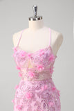 Pink Mermaid Spaghetti Straps Sequin Formal Dress With 3D Flowers