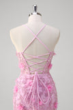 Pink Mermaid Spaghetti Straps Sequin Formal Dress With 3D Flowers