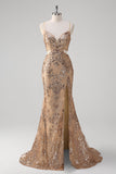 Champagne Mermaid Spaghetti Straps Sequin Hollow Out Formal Dress