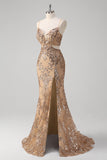 Champagne Mermaid Spaghetti Straps Sequin Hollow Out Formal Dress