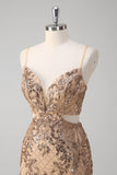 Champagne Mermaid Spaghetti Straps Sequin Hollow Out Formal Dress