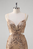 Champagne Mermaid Spaghetti Straps Sequin Hollow Out Formal Dress