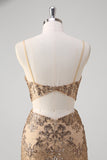 Champagne Mermaid Spaghetti Straps Sequin Hollow Out Formal Dress