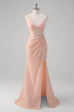 Blush Mermaid Spaghetti Straps Corset Sequined Long Formal Dress