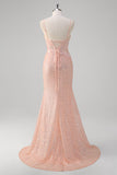 Blush Mermaid Spaghetti Straps Corset Sequined Long Formal Dress