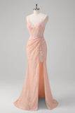 Blush Mermaid Spaghetti Straps Corset Sequined Long Formal Dress