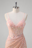 Blush Mermaid Spaghetti Straps Corset Sequined Long Formal Dress