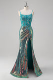 Peacock Green Mermaid Spaghetti Straps Corset Sequined Formal Dress