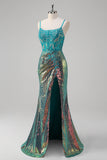 Peacock Green Mermaid Spaghetti Straps Corset Sequined Formal Dress