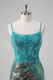 Peacock Green Mermaid Spaghetti Straps Corset Sequined Formal Dress