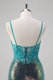 Peacock Green Mermaid Spaghetti Straps Corset Sequined Formal Dress