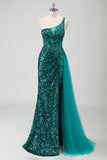 Peacock Green Mermaid One Shoulder Corset Sequins Long Formal Dress with Slit