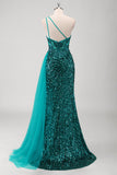 Peacock Green Mermaid One Shoulder Corset Sequins Long Formal Dress with Slit