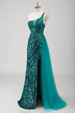 Peacock Green Mermaid One Shoulder Corset Sequins Long Formal Dress with Slit