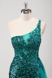 Peacock Green Mermaid One Shoulder Corset Sequins Long Formal Dress with Slit