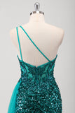 Peacock Green Mermaid One Shoulder Corset Sequins Long Formal Dress with Slit