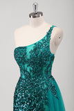 Peacock Green Mermaid One Shoulder Corset Sequins Long Formal Dress with Slit