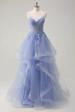 Dusty Blue A Line Spaghetti Straps Corset Spiral Ruffles Long Formal Dress