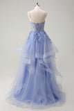 Dusty Blue A Line Spaghetti Straps Corset Spiral Ruffles Long Formal Dress