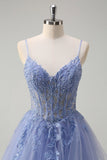 Dusty Blue A Line Spaghetti Straps Corset Spiral Ruffles Long Formal Dress