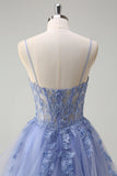 Dusty Blue A Line Spaghetti Straps Corset Spiral Ruffles Long Formal Dress