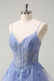 Dusty Blue A Line Spaghetti Straps Corset Spiral Ruffles Long Formal Dress