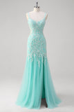 Sparkly Mint Mermaid Lace Long Formal Dress with Slit