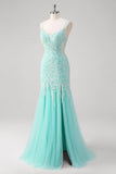 Sparkly Mint Mermaid Lace Long Formal Dress with Slit