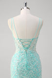 Sparkly Mint Mermaid Lace Long Formal Dress with Slit