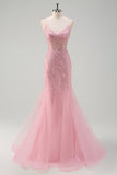 Sparkly Pink Mermaid Spaghetti Straps Sequins Long Corset Formal Dress