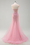 Sparkly Pink Mermaid Spaghetti Straps Sequins Long Corset Formal Dress