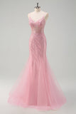 Sparkly Pink Mermaid Spaghetti Straps Sequins Long Corset Formal Dress