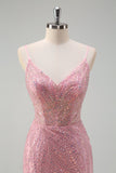 Sparkly Pink Mermaid Spaghetti Straps Sequins Long Corset Formal Dress