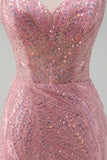 Sparkly Pink Mermaid Spaghetti Straps Sequins Long Corset Formal Dress