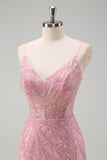 Sparkly Pink Mermaid Spaghetti Straps Sequins Long Corset Formal Dress