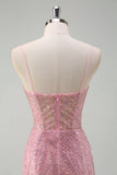 Sparkly Pink Mermaid Spaghetti Straps Sequins Long Corset Formal Dress