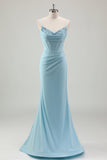 Blue Mermaid Spaghetti Straps Satin Long Corset Formal Dress with Beading