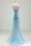 Blue Mermaid Spaghetti Straps Satin Long Corset Formal Dress with Beading