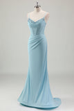 Blue Mermaid Spaghetti Straps Satin Long Corset Formal Dress with Beading