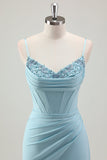 Blue Mermaid Spaghetti Straps Satin Long Corset Formal Dress with Beading