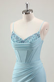 Blue Mermaid Spaghetti Straps Satin Long Corset Formal Dress with Beading